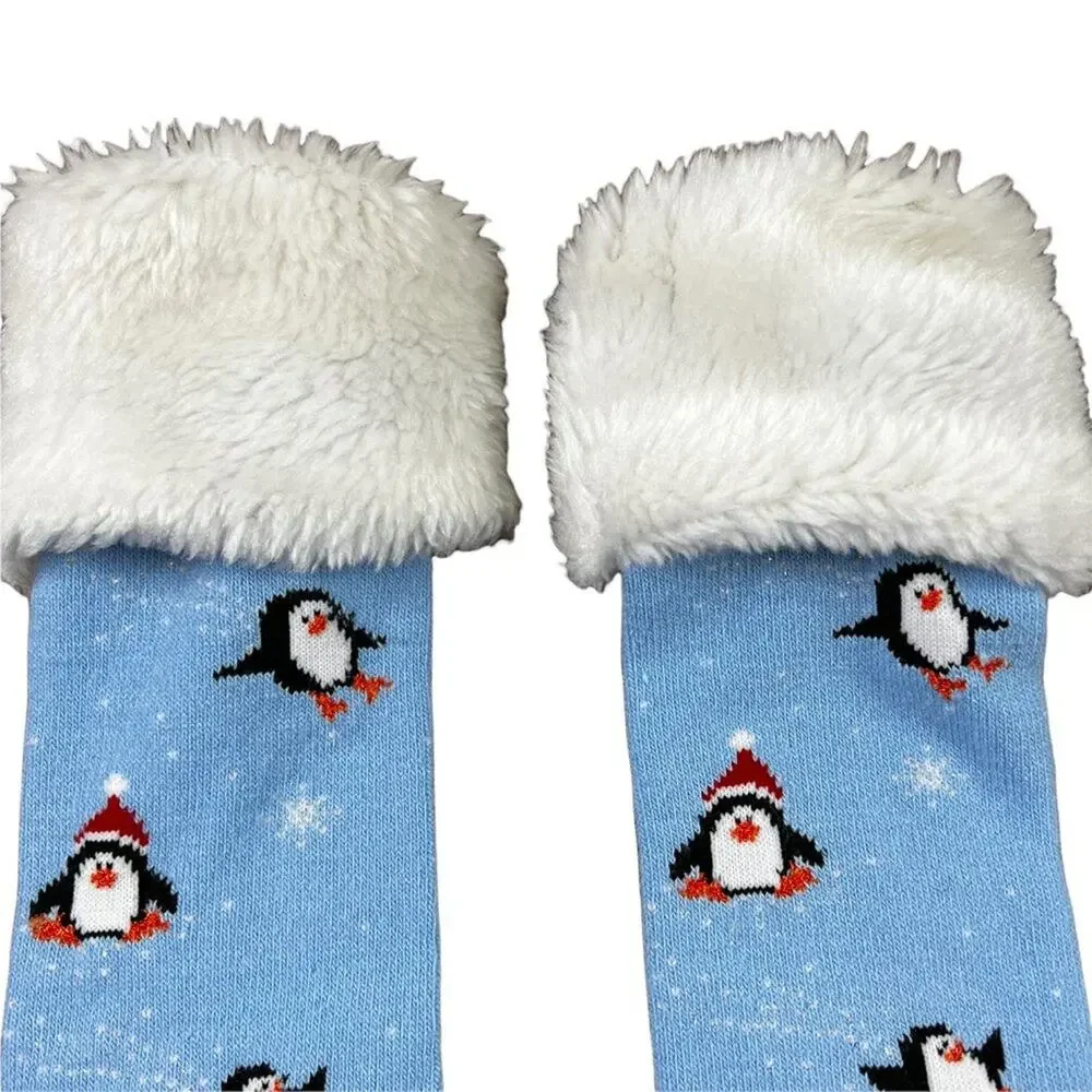 Festive Christmas Penguin Toe Socks in Blue with White Fluffy Fringe Snowflakes
